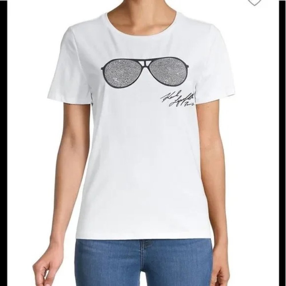 KARL LAGERFELD PARIS Women's black Sunglasses white t-shirt new sz M New